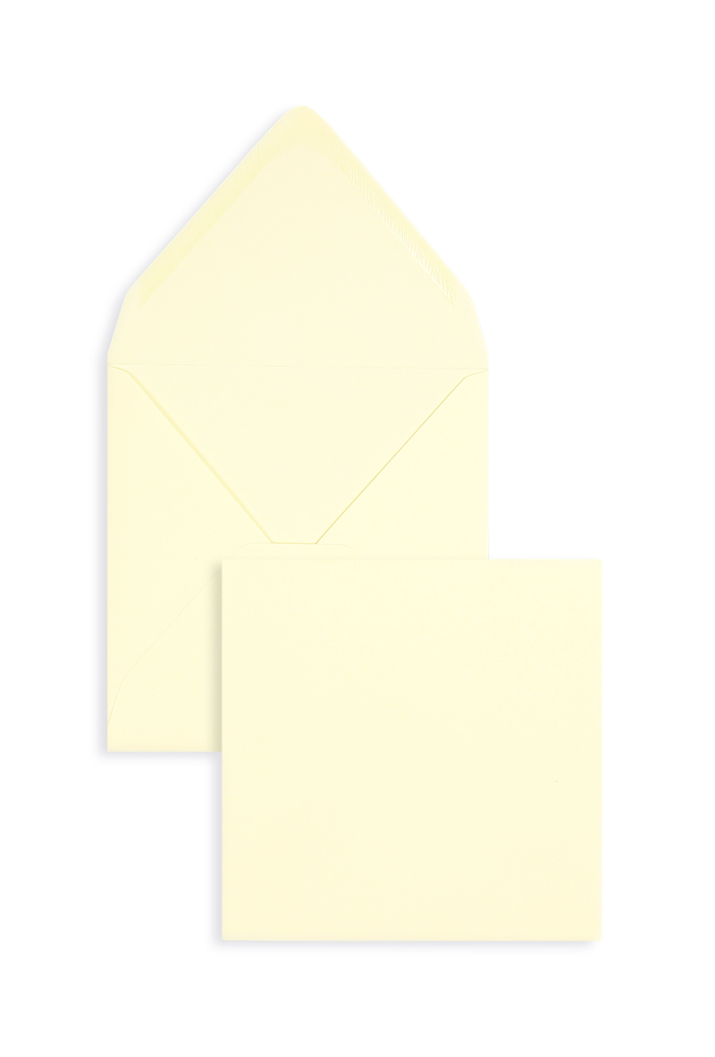Briefumschläge, gelb Pastellgelb~140x140mm, 120g/m2 Velin, ohne Fenster, Nassklebung, spitze Klappe, 100 Stück
