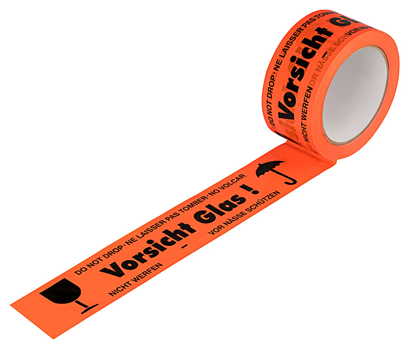 PVC-Warnband, orange, Druck schwarz, 50mmx66m, Vorsicht Glas, fluoreszierend