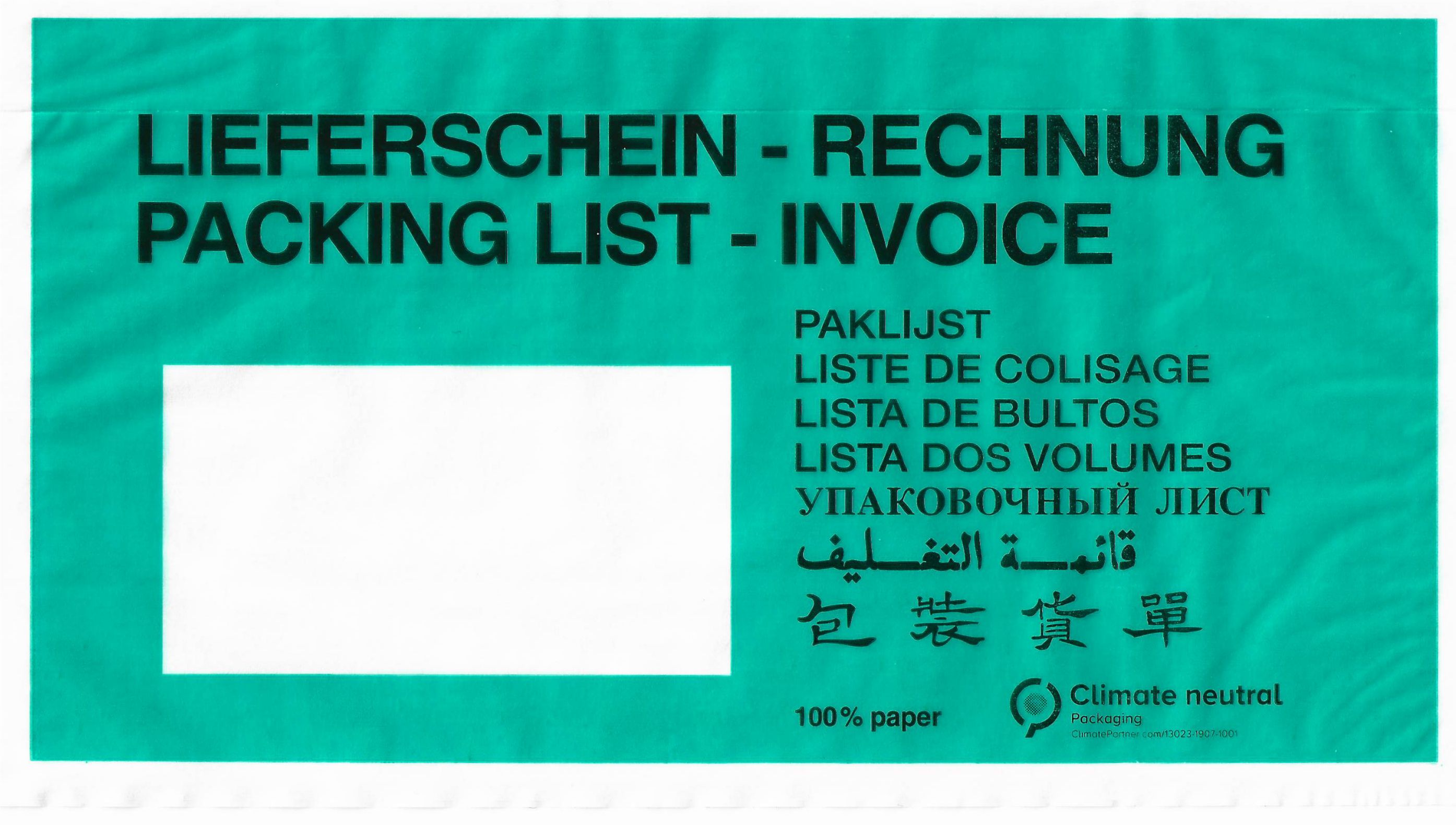 Begleitpapiertasche, DIN-lang, "Rechnung-Lieferschein", grün, komplett aus Papier, 1.000 Stück