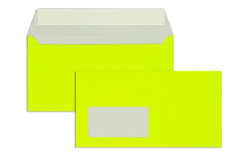 Briefumschläge, gelb Neongelb~110x220mm DIN Lang, 90g/qm Offset, mit Fenster, Haftklebung, gerade Klappe, 500 Stück