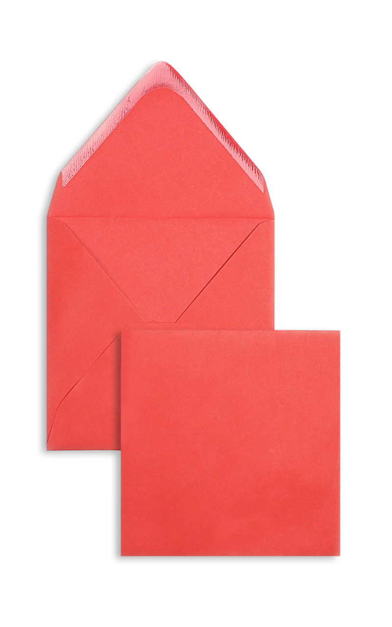 Briefumschläge, rot Zinnober~140x140mm, 120g/m2 Velin, ohne Fenster, Nassklebung, spitze Klappe, 100 Stück