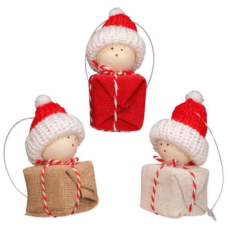 Anhänger „Weihnachtspäckchen“ Natur/Rot/Weiß, 7 x 4cm, Stoff
