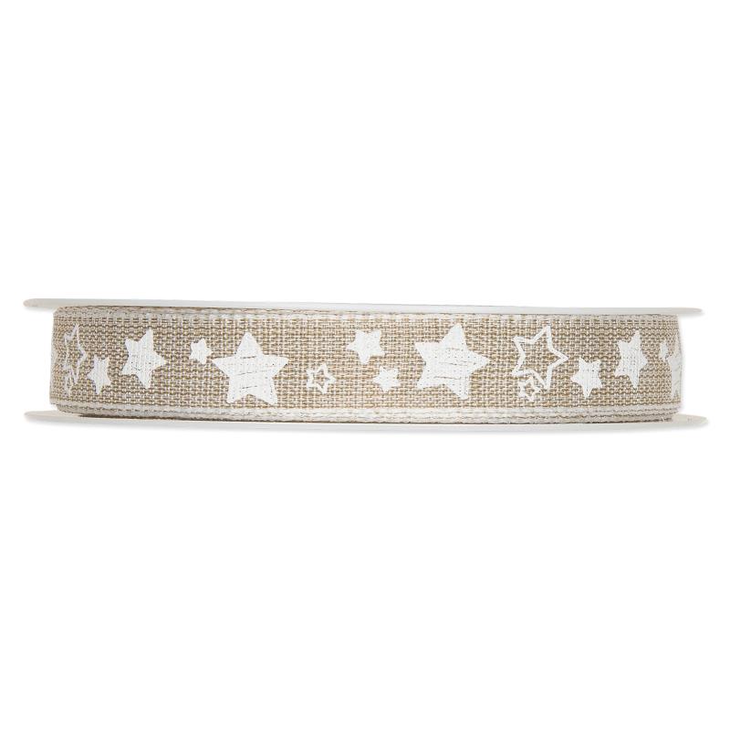 Geschenkband Sternchen mit Leinenkante, Natur/Weiß 15mmx15m