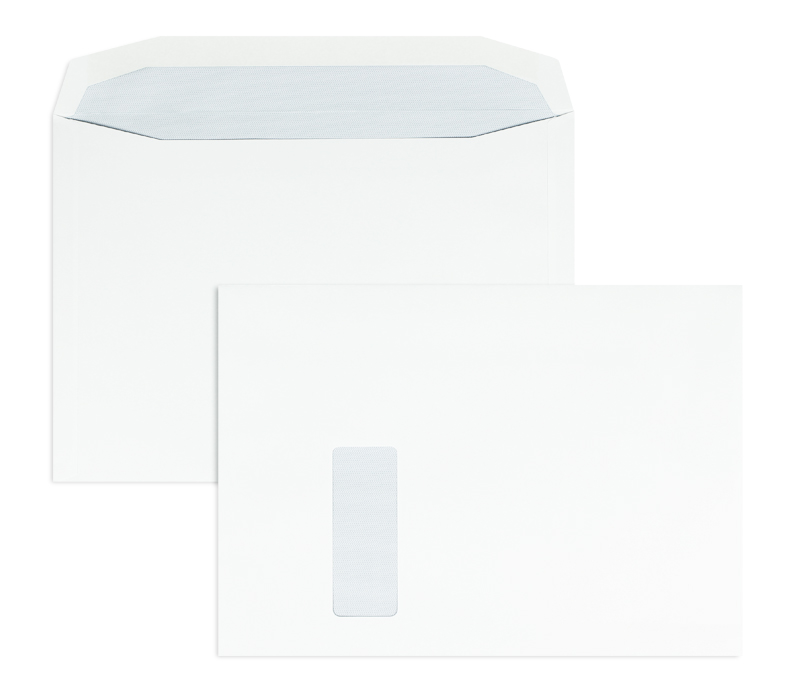 Kuvertierhüllen, weiß ~229x324mm DIN C4, 100g/m2 Offset, mit Fenster, Nassklebung, Trapezklappe, 250 Stück