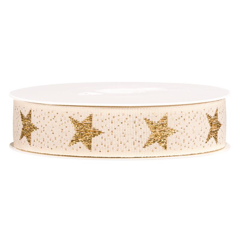 Geschenkband "Sterne" Creme/Gold, 25mm x 15m