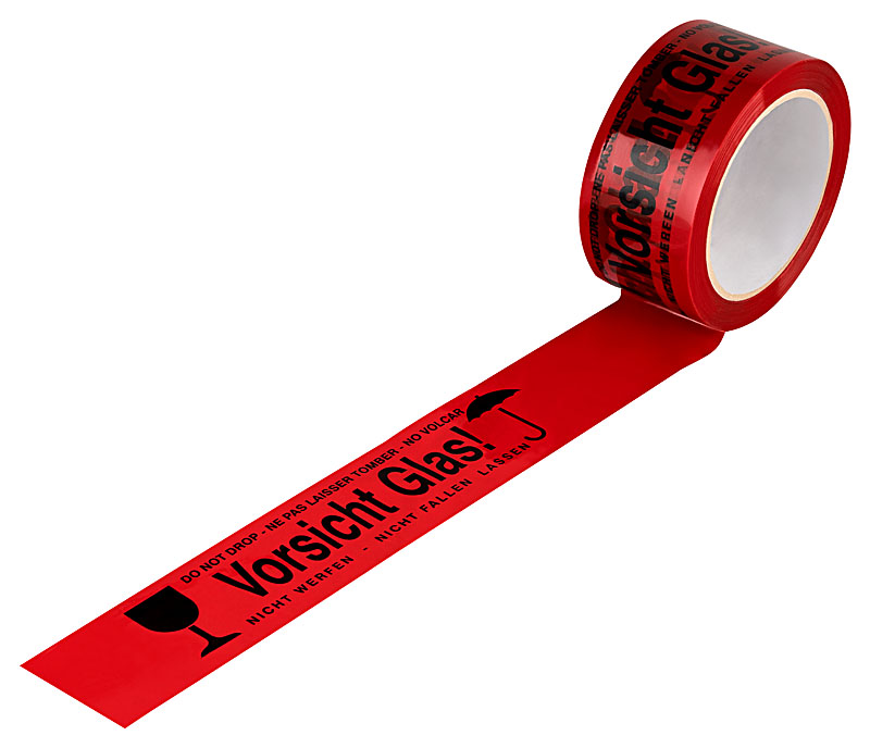 PP-Warnband, rot, 48 mm x 66 m, "Vorsicht Glas"