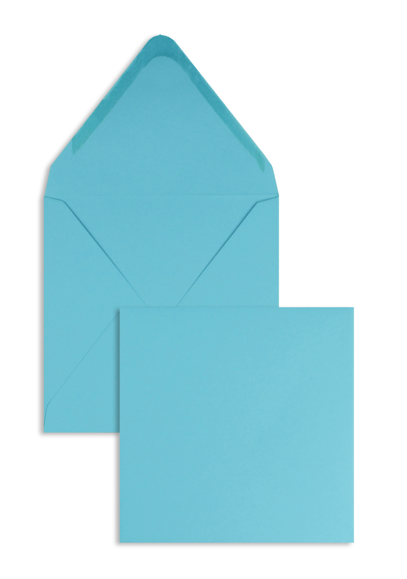 Briefumschläge, blau Karibik~140x140mm, 120g/qm Offset, ohne Fenster, Nassklebung, spitze Klappe, 100 Stück