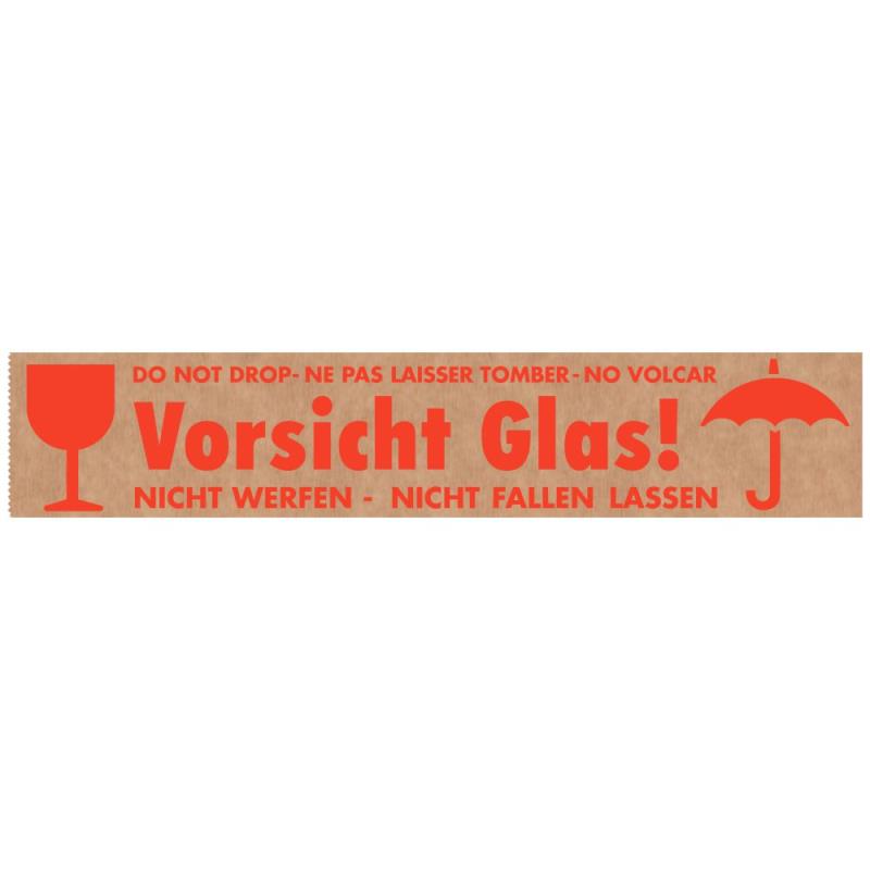 Papier-Warnband, braun, Druck rot, 50mmx50 m, "Vorsicht Glas"
