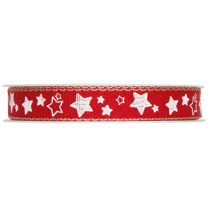 Druckband Sternchen mit Leinenkante, rot/weiß, 15mm x 15m