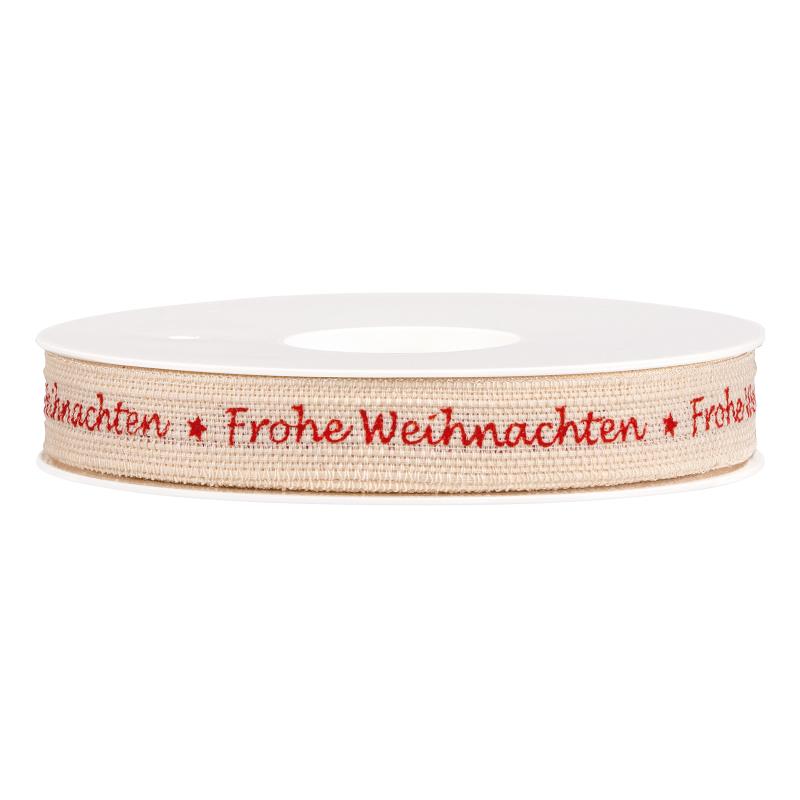 Geschenkband "Frohe Weihnachten" Creme/Rot, 15mm x 20m