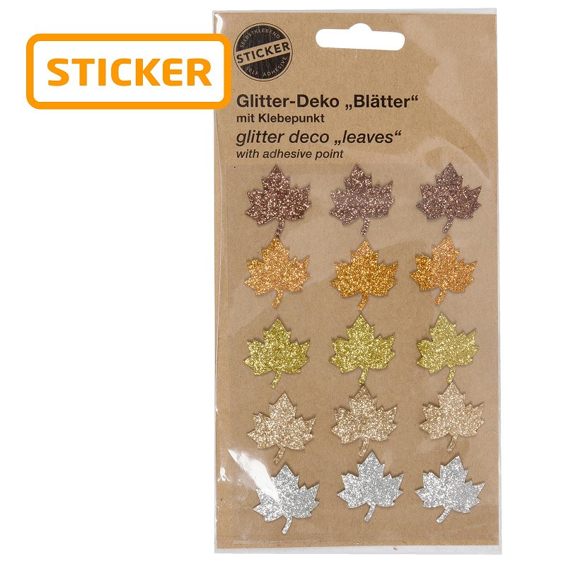 Glitter-Sticker Blätter sortiert, ø ca.2,5cm, 15 pro Karte