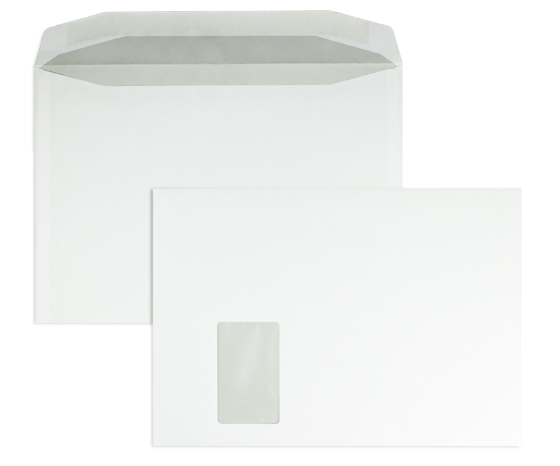 Kuvertierhüllen, weiß ~229x324mm DIN C4, 90g/qm Offset, mit Fenster, Nassklebung, Trapezklappe, 250 Stück