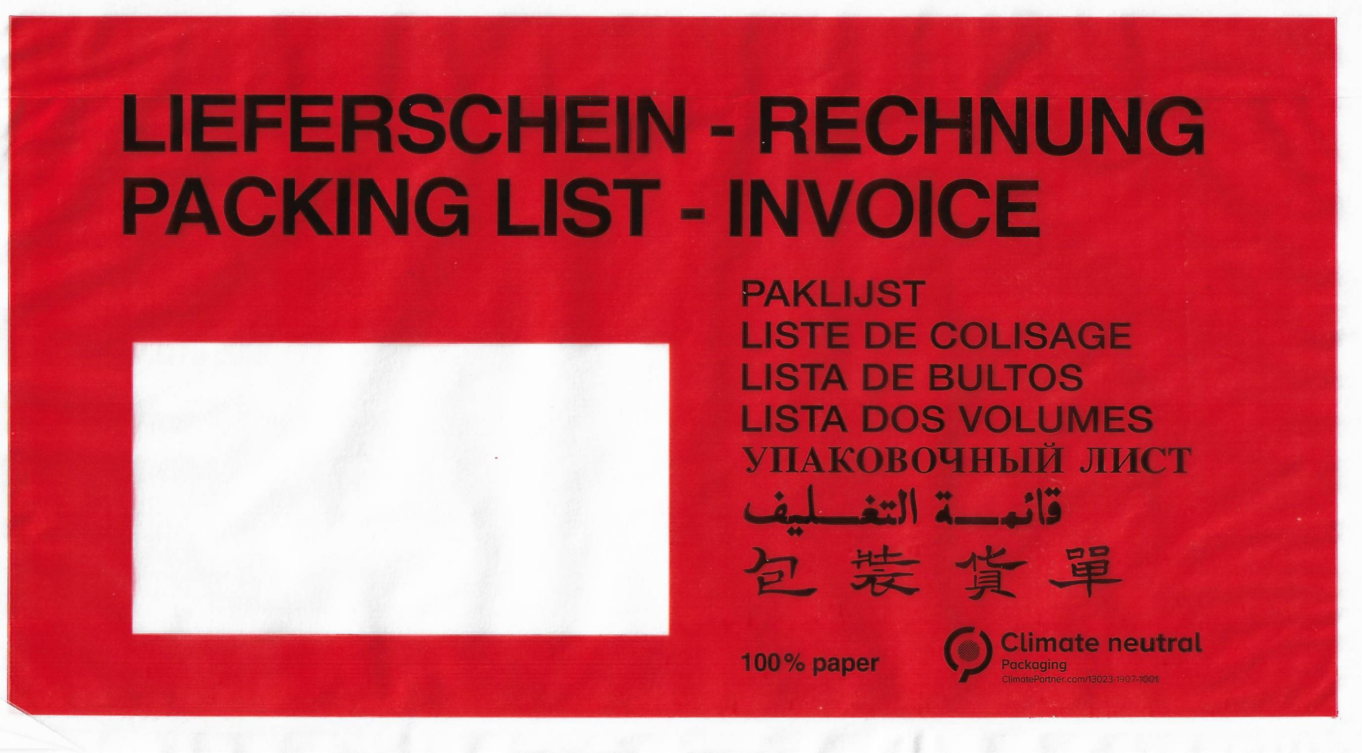 Begleitpapiertasche, Papier, DIN-lang, "Rechnung-Lieferschein", rot, komplett aus Papier, 1.000 Stück