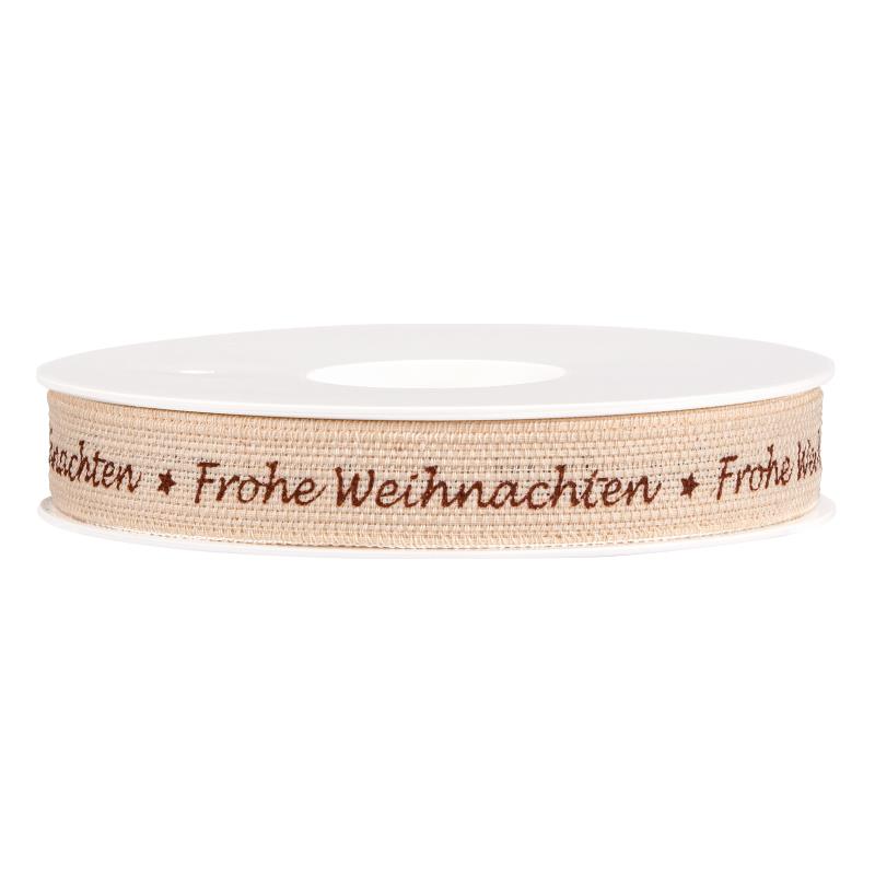 Geschenkband "Frohe Weihnachten" Creme/Braun, 15mm x 20m