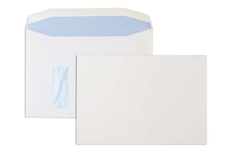 Kuvertierhüllen, weiß ~229x324mm DIN C4, 120g/m2 Offset, mit Fenster, Nassklebung, Trapezklappe, 250 Stück