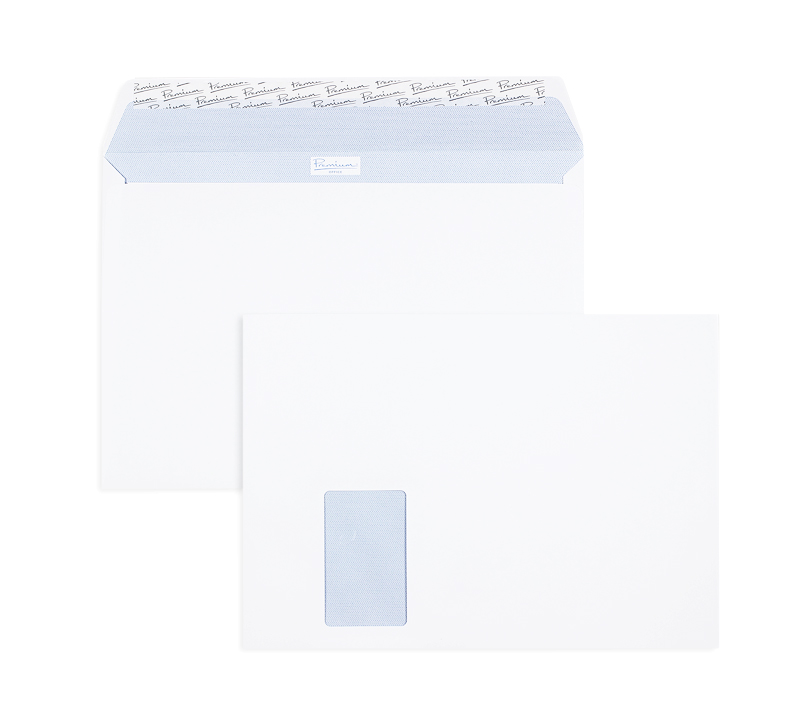 Briefumschläge, weiß Hochweiß~229x324mm DIN C4, 120g/qm Offset, mit Fenster, Haftklebung, gerade Klappe, 250 Stück