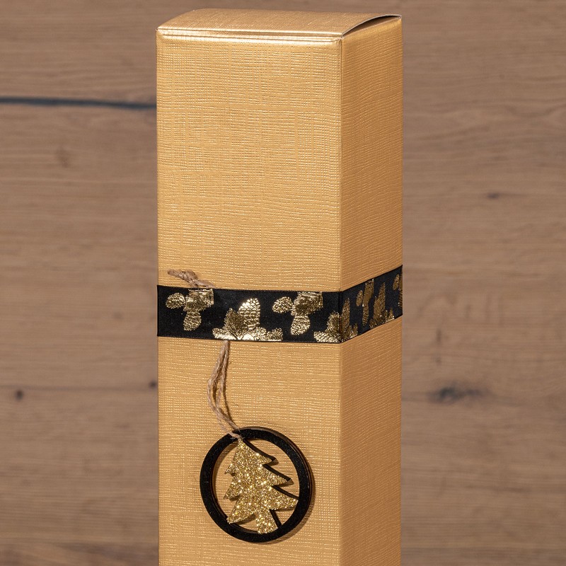 Geschenkband „Zapfen“, Schwarz/Gold, 25mm x 20m