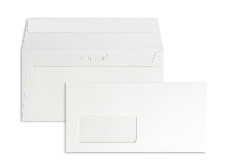 Briefumschläge weiß Brillantweiß~110x220mm DIN Lang 120g/m2 Conqueror Texture Fenster Haftklebung gerade Klappe 500 Stk.