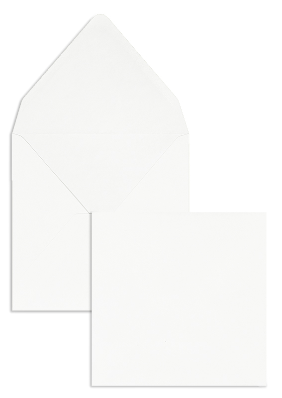 Briefumschläge, weiß naturweiß~140x140mm, 120g/m2 Baumwolle, ohne Fenster, Nassklebung, spitze Klappe, 100 Stück