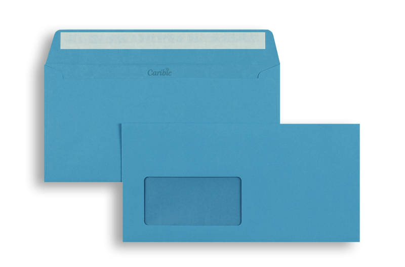 Briefumschläge blau Azurblau~110x220mm DIN Lang 90g/qm Caribic Fenster Haftklebung gerade Klappe 250 Stk.