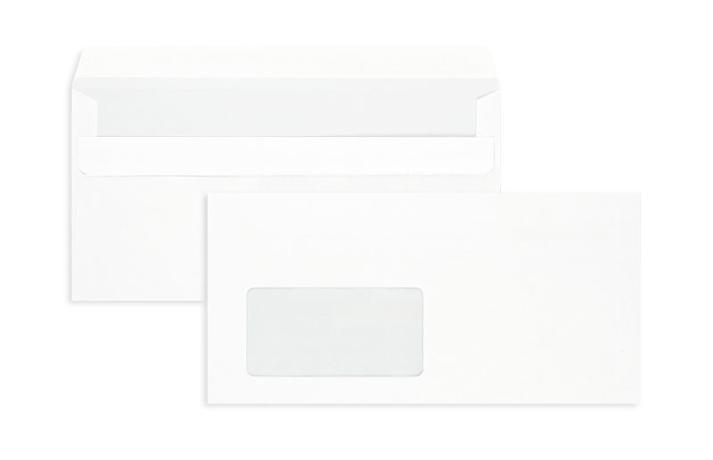 Briefumschläge, weiß ~110x220mm DIN Lang, 75 g/m2 Offset, mit Fenster, Selbstklebung, gerade Klappe, 1000 Stück