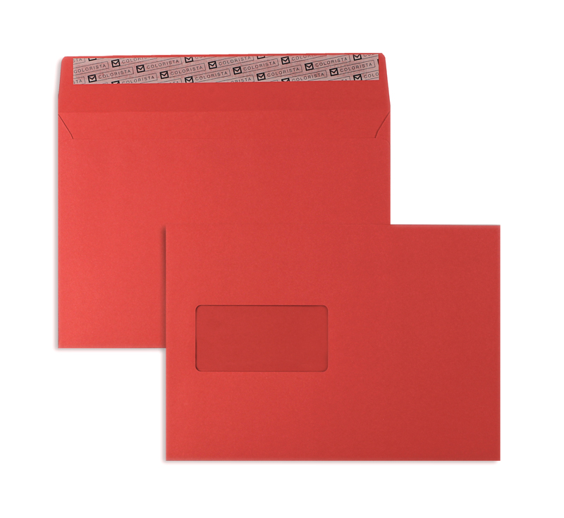 Briefumschläge, rot ~162x229mm DIN C5, 130g/qm Colorista, mit Fenster, Haftklebung, gerade Klappe, 100 Stück
